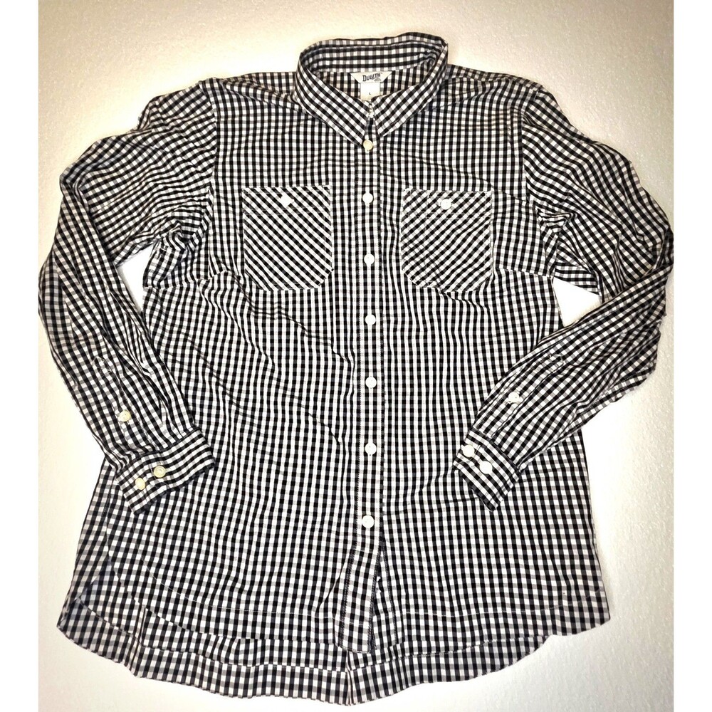 Duluth Trading Women's Button Down Shirt Black &White Gingham Plaid Large